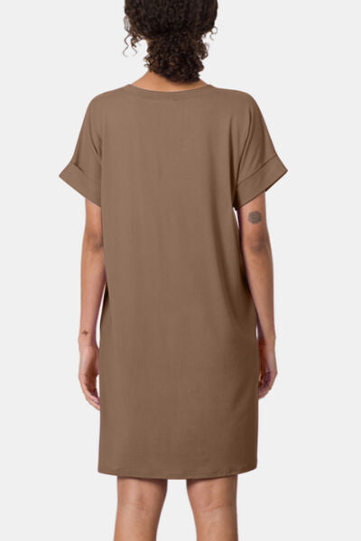 Zenana Rolled Short Sleeve V-Neck Dress - Brand Zenana
