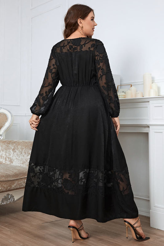 Plus Size Embroidery Round Neck Long Sleeve Maxi Dress *