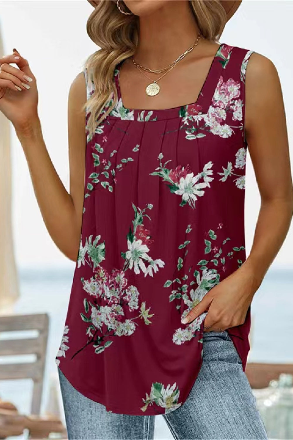 SALTYMIND Full Size Printed Square Neck Curved Hem Tank