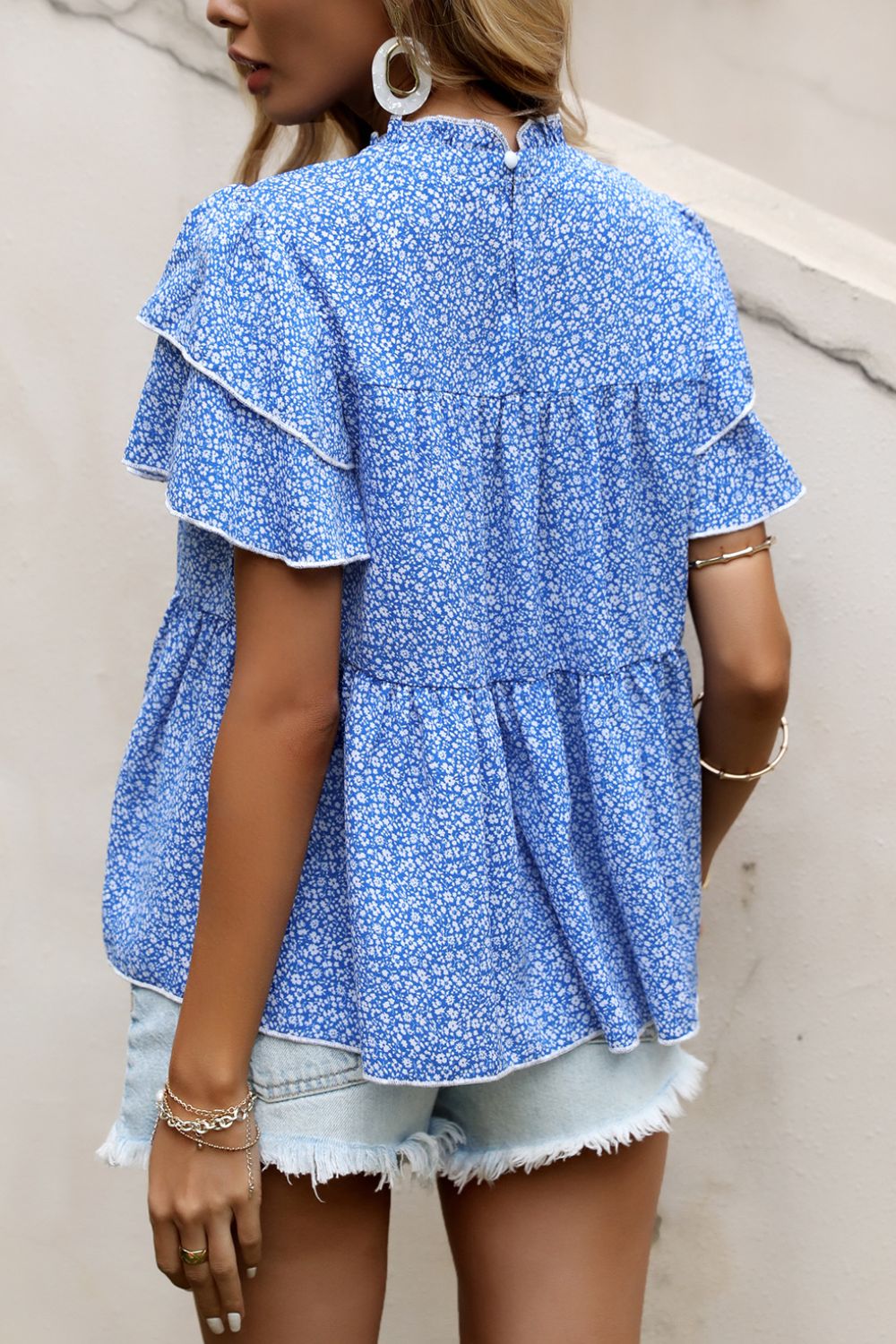 Women's Ditsy Floral Layered Flutter Sleeve Blouse