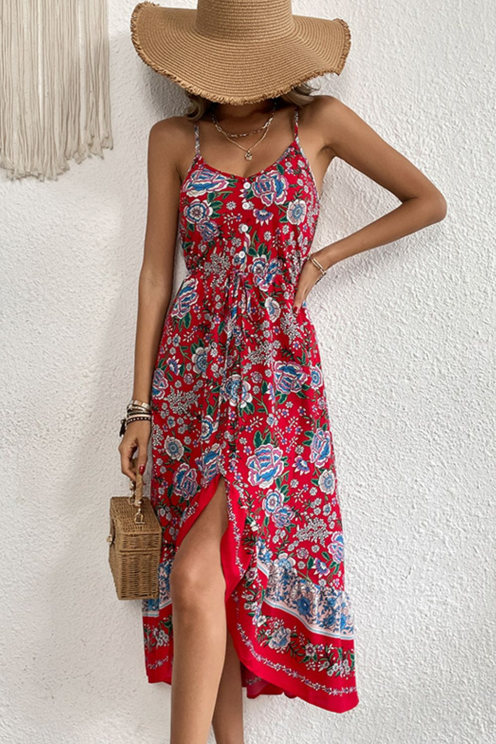 Women's Bohemian Decorative Button Spaghetti Strap Dress