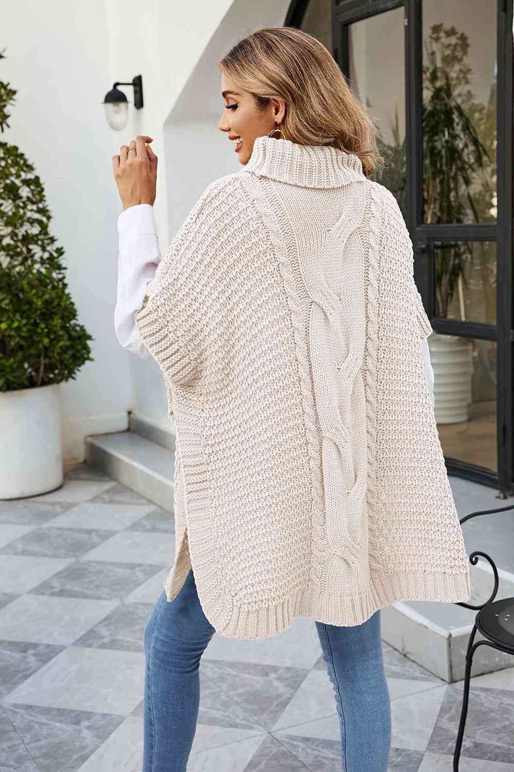 KnittedEmporium Cable-Knit Turtleneck Slit Sweater