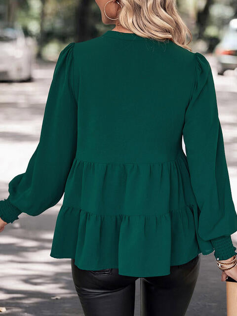 Green Notched Neck Lantern Sleeve Blouse