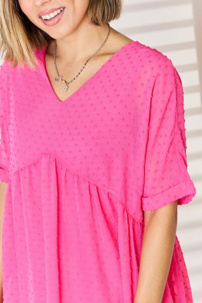 Zenana Swiss Dot Rolled Short Sleeve Babydoll Dress - Brand Zenana