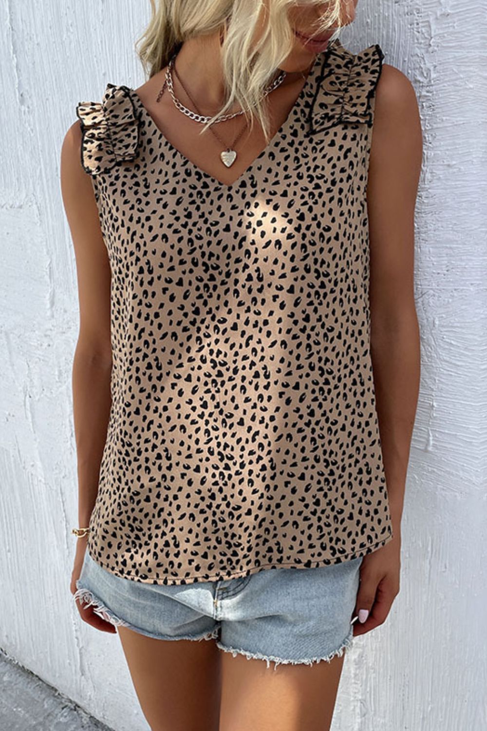 CHICbabe Leopard Frill Trim V-Neck Tank
