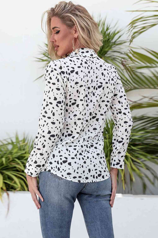White Animal Print Curved Hem Button-Up Shirt
