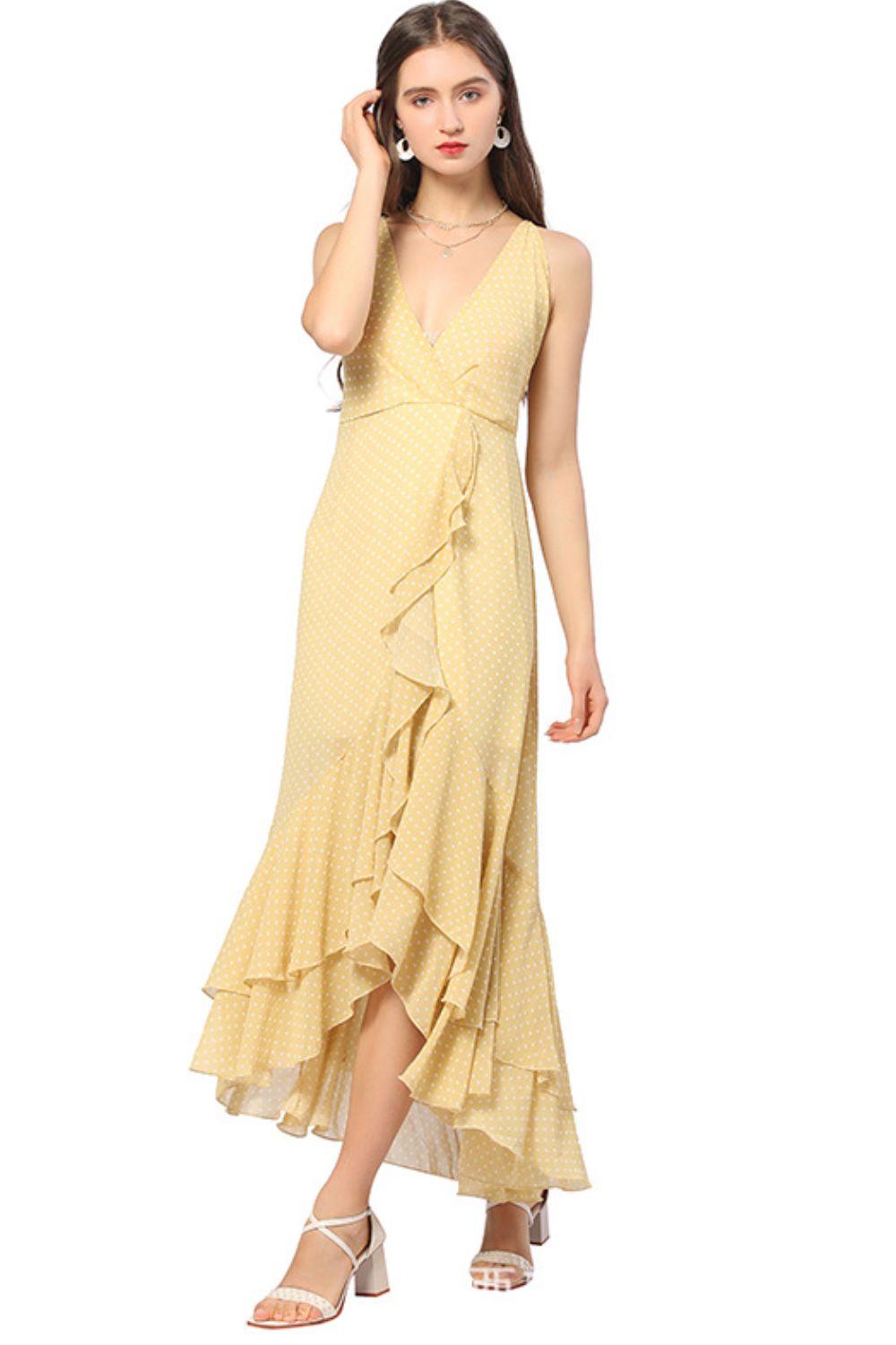 CGYY Valencia Polka Dot Ruffled Plunge Sleeveless Maxi Dress *