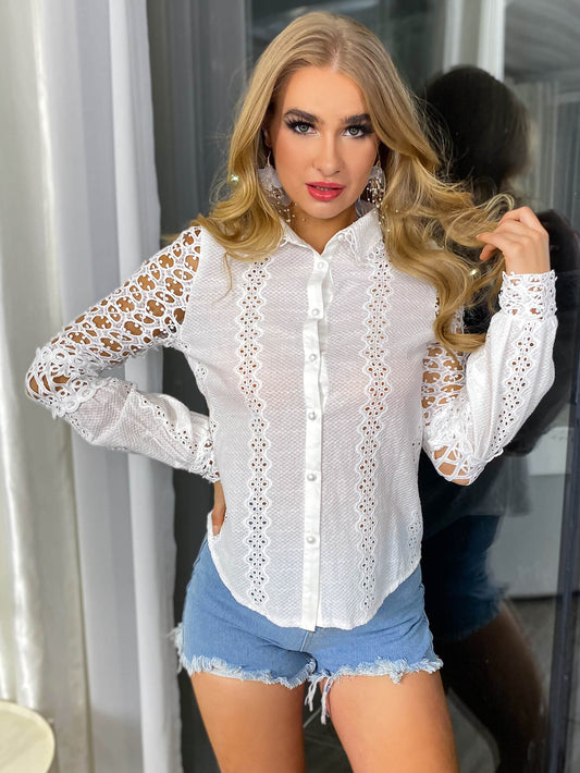 EillyBazar Spliced Lace Eyelet Curved Hem Shirt