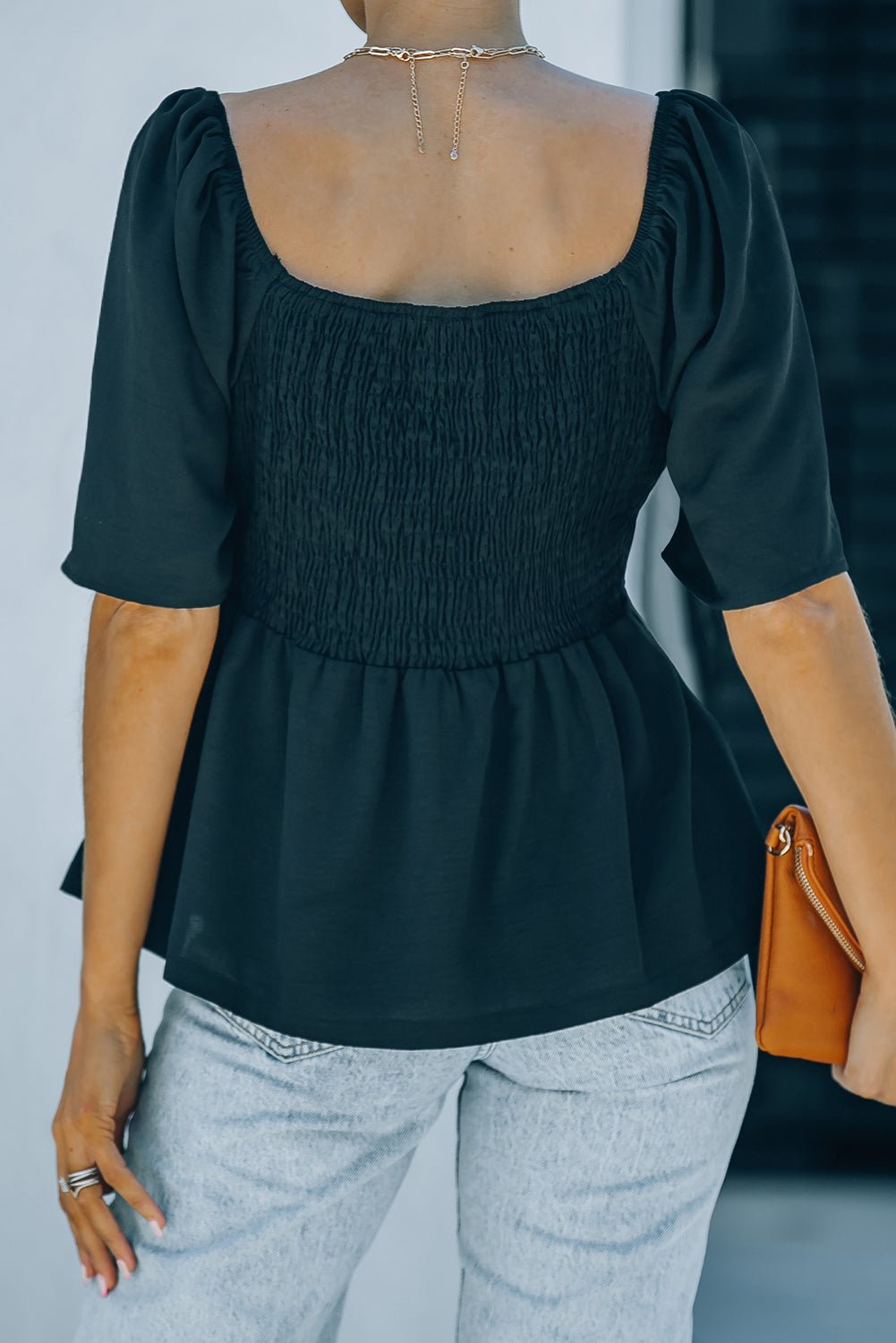 Full Size Black Lace Smocked Puff Sleeve Peplum Top *