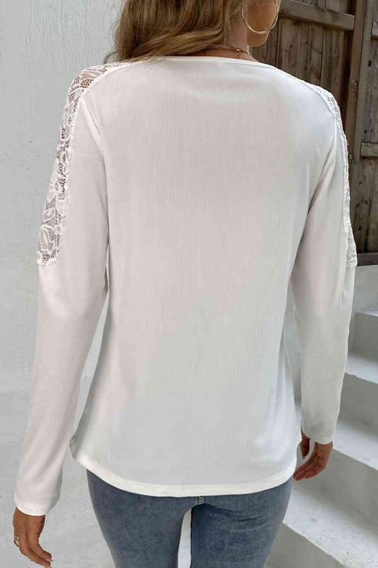 White Spliced Lace Notched Neck Top