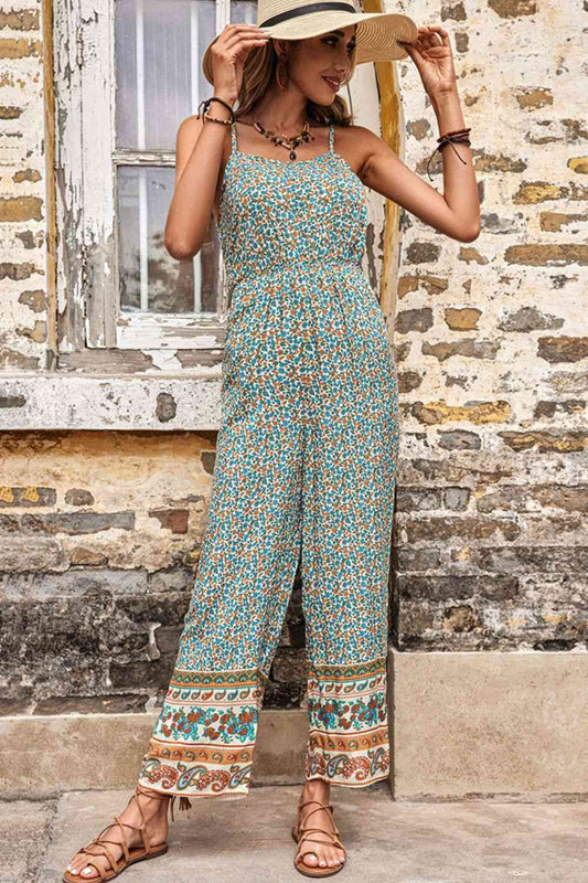 Green Bohemian Spaghetti Strap Low Back Jumpsuit