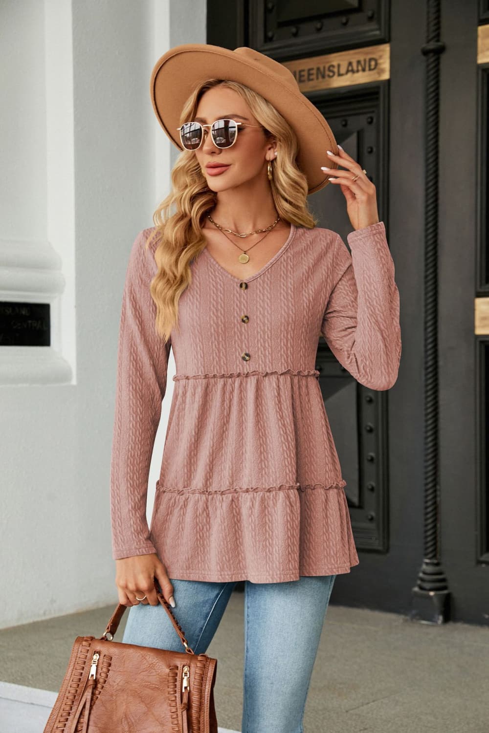Full Size Long Sleeve V-Neck Cable-Knit Blouse *