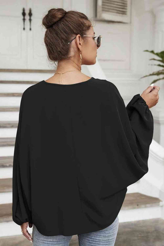 Black Tie Neck Balloon Sleeve Blouse