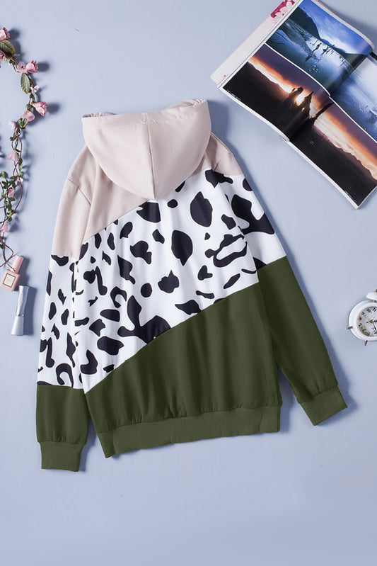 Full Size Animal Cow Print Color Block Hoodie with Pockets