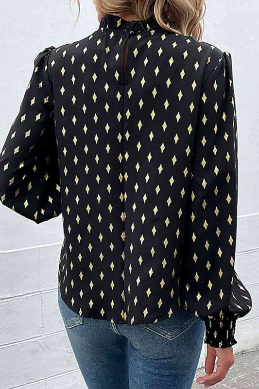 Geometric Print Frill Neck Lantern Sleeve Black Blouse