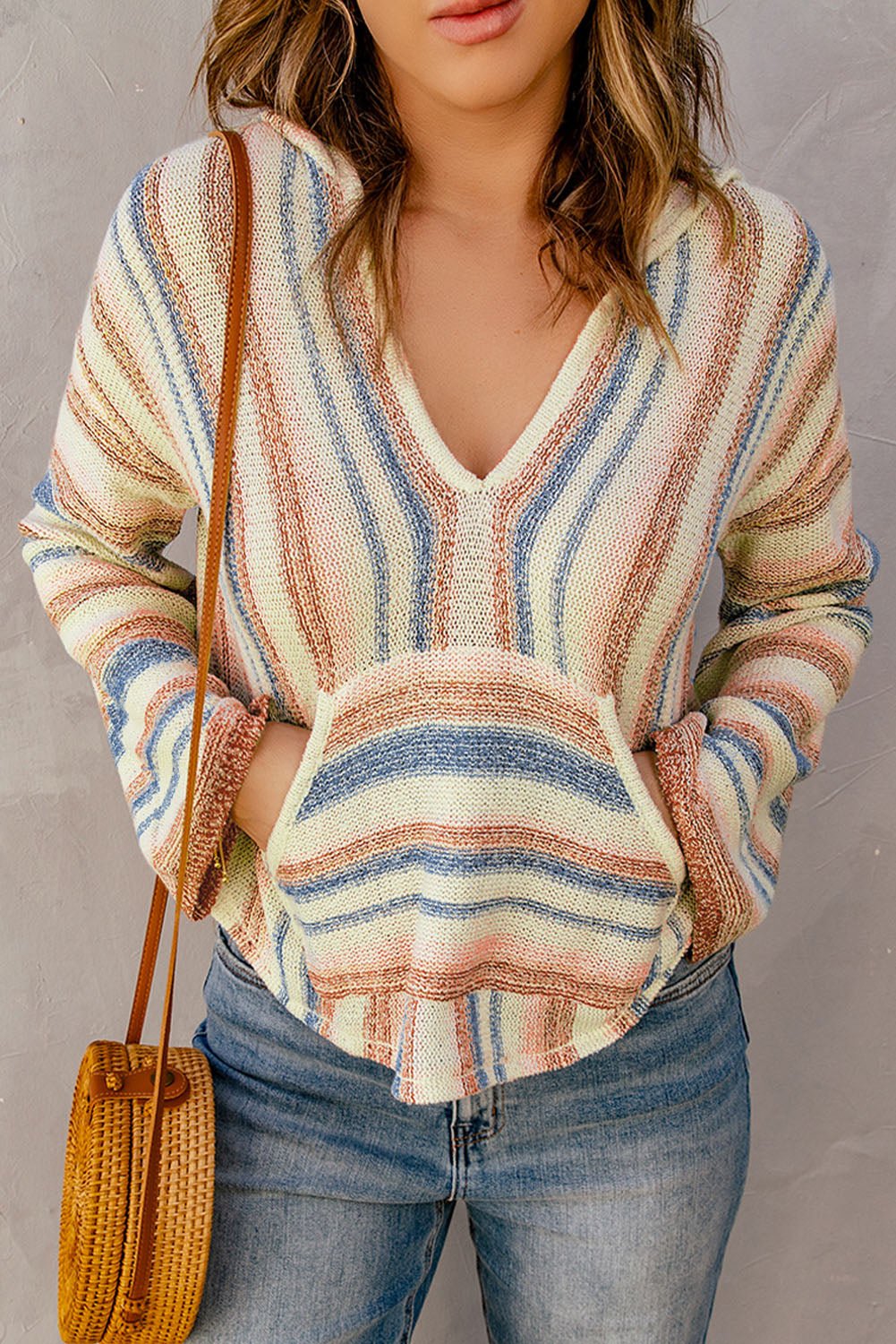 PopTrend Full Size Striped Hooded Sweater with Kangaroo Pocket *
