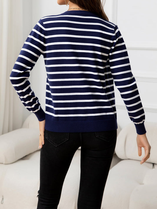 AuroraBlissX Striped Round Neck Long Sleeve Buttoned Knit Top