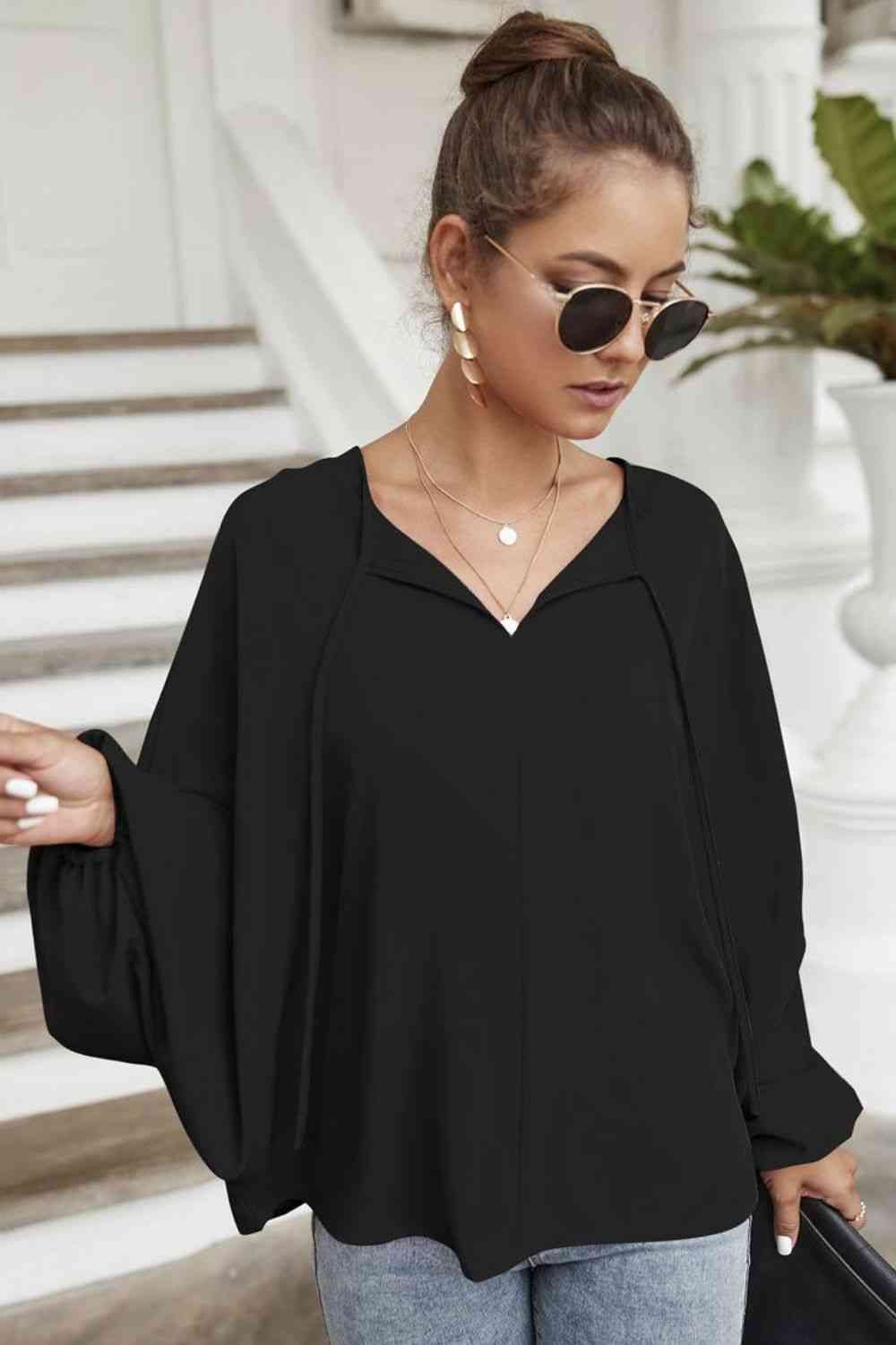 Black Tie Neck Balloon Sleeve Blouse