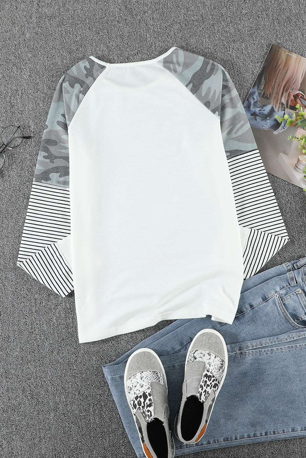 Women's Full Size Natalia Camouflage and Stripe Print Raglan Top