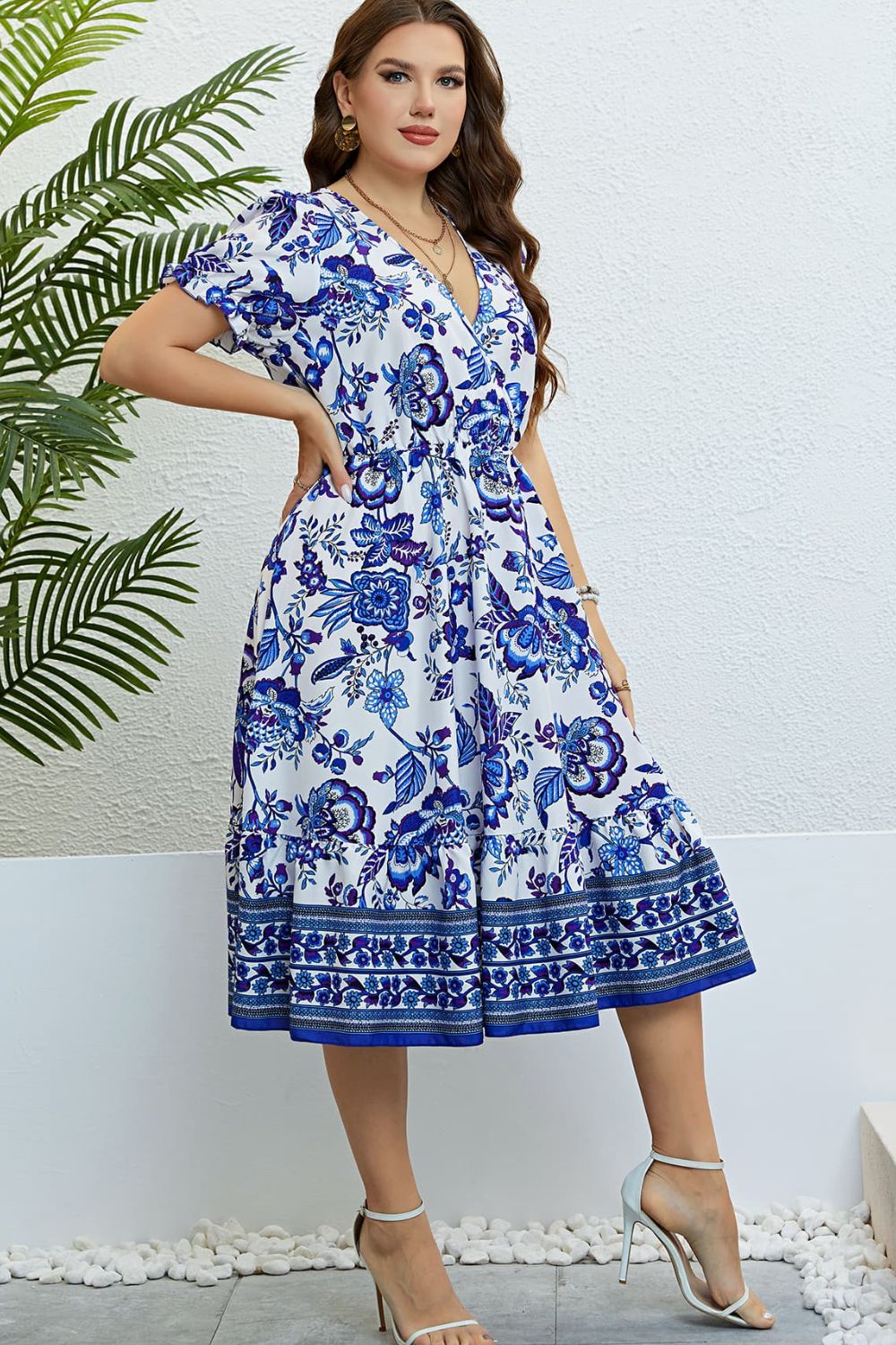 Plus Size Floral Flounce Sleeve Surplice Dress
