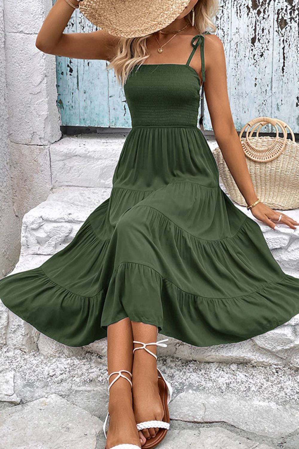 Women's Tie-Shoulder Tiered Midi Dress
