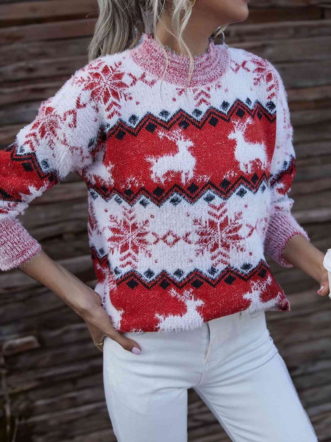 Christmas Reindeer & Snowflake Round Neck Sweater