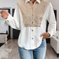 Perfee Sequin Contrast Collared Neck Long Sleeve Shirt