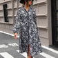 Lace Detail Printed Long Sleeve Midi Dress