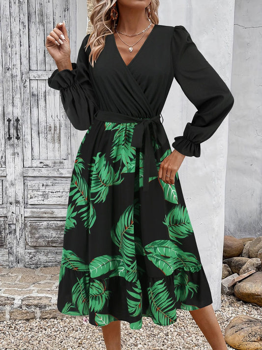 Full Size Tied Ruffled Printed Long Sleeve Dress