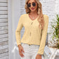 Full Size Decorative Button Openwork V-Neck T-Shirt