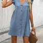 Full Size Button Up V-Neck Cap Sleeve Mini Dress