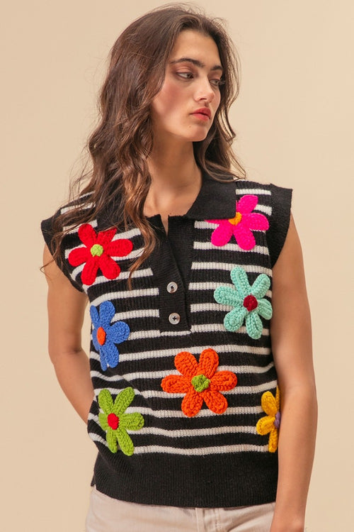 BiBi Flower Patch Striped Half Button Sweater Vest - Brand BiBi *