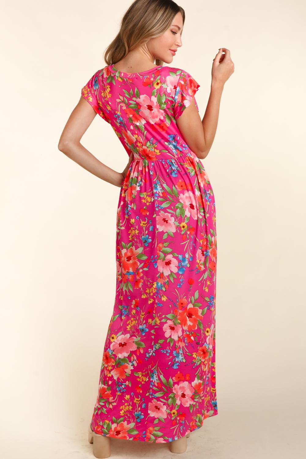 Haptics Fuchsia Floral Ruffled Round Neck Cap Sleeve Dress