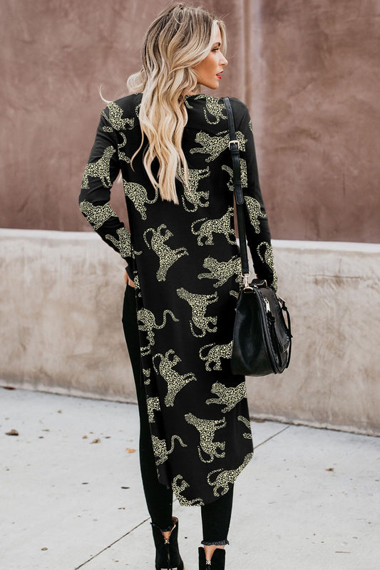 Animal Pattern Black Ribbed Button Up Long Sleeve Cardigan