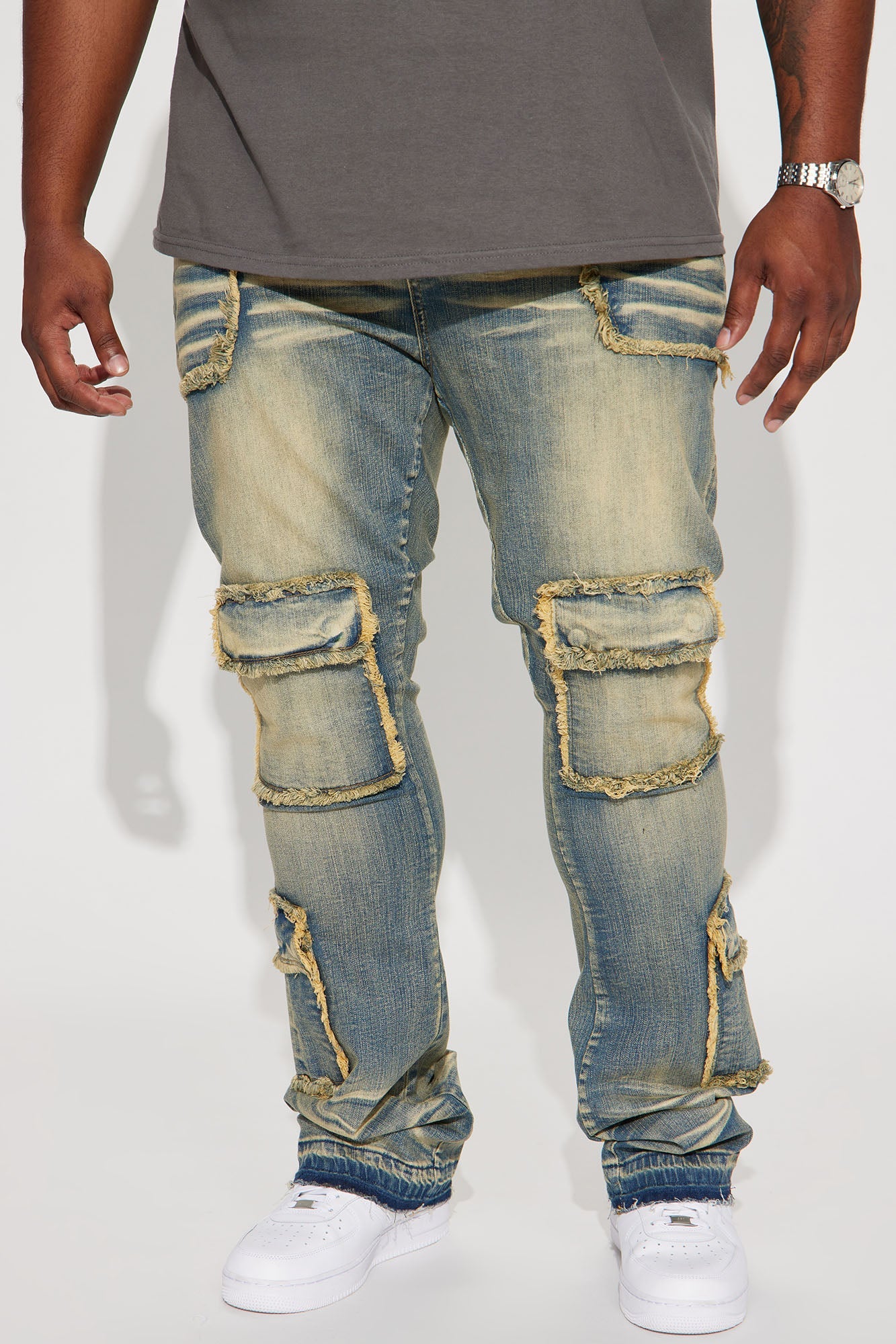 Can I Cargo Stacked Skinny Flare Jeans - Vintage Blue Wash