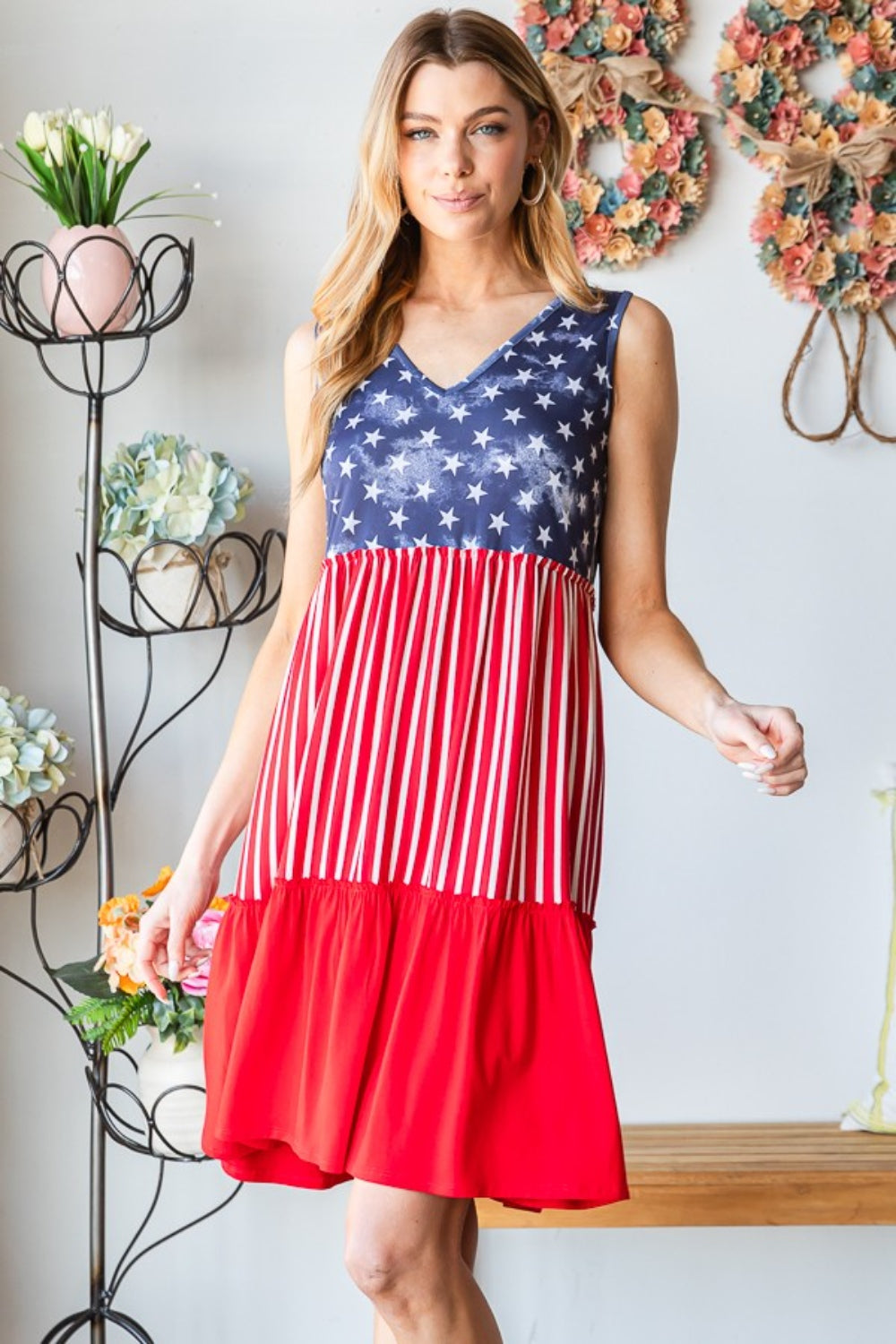 Heimish Full Size US Flag Theme Contrast Tank Dress *