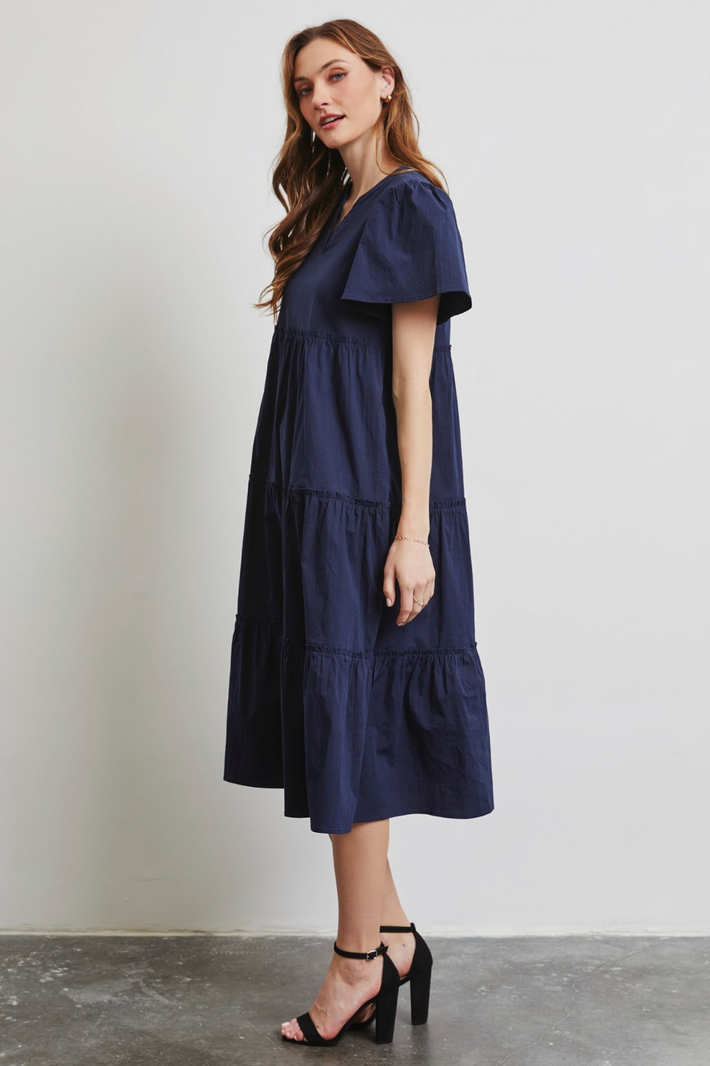 HEYSON Full Size Navy Blue Cotton Poplin Ruffled Tiered Midi Dress