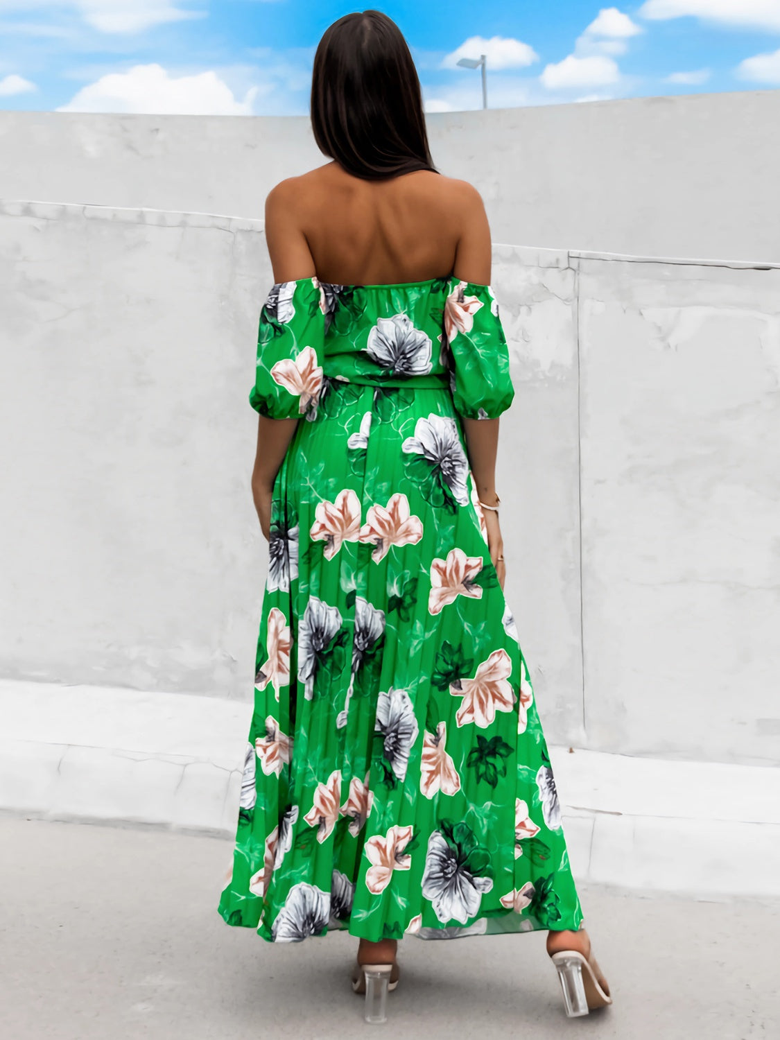 Full Size Pleated Floral Off-Shoulder Short Sleeve Midi Dress