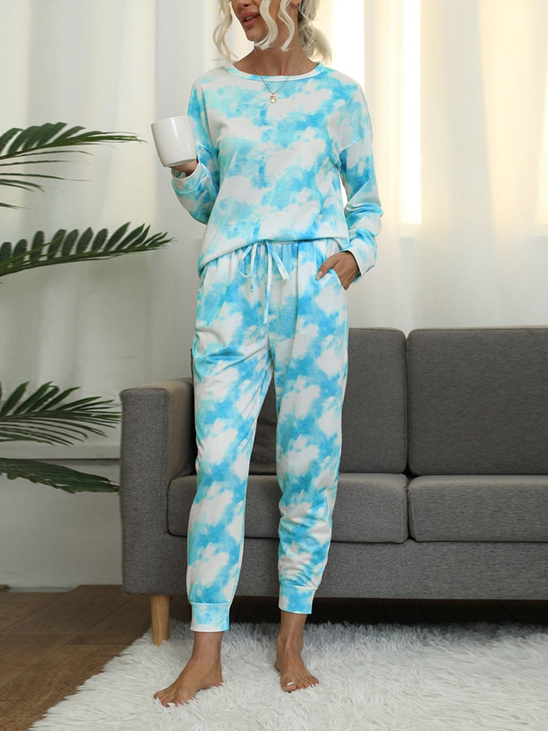 Full Size Tie-Dye Round Neck Top and Pants Lounge Set