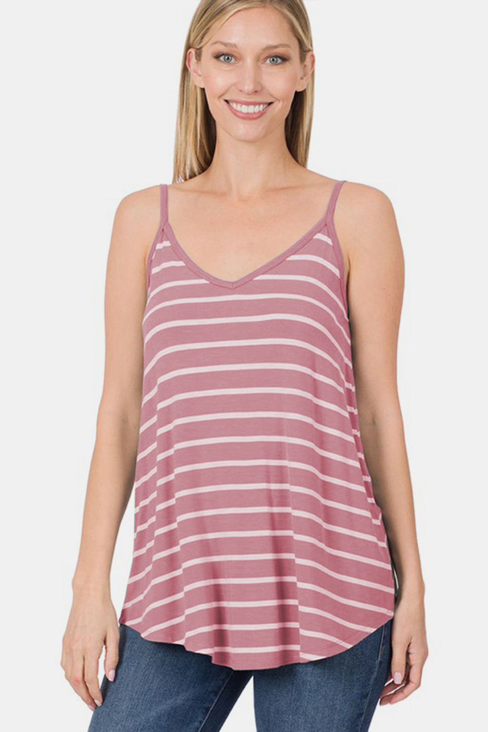 Zenana LT Rose and Ivory Striped Curved Hem Cami