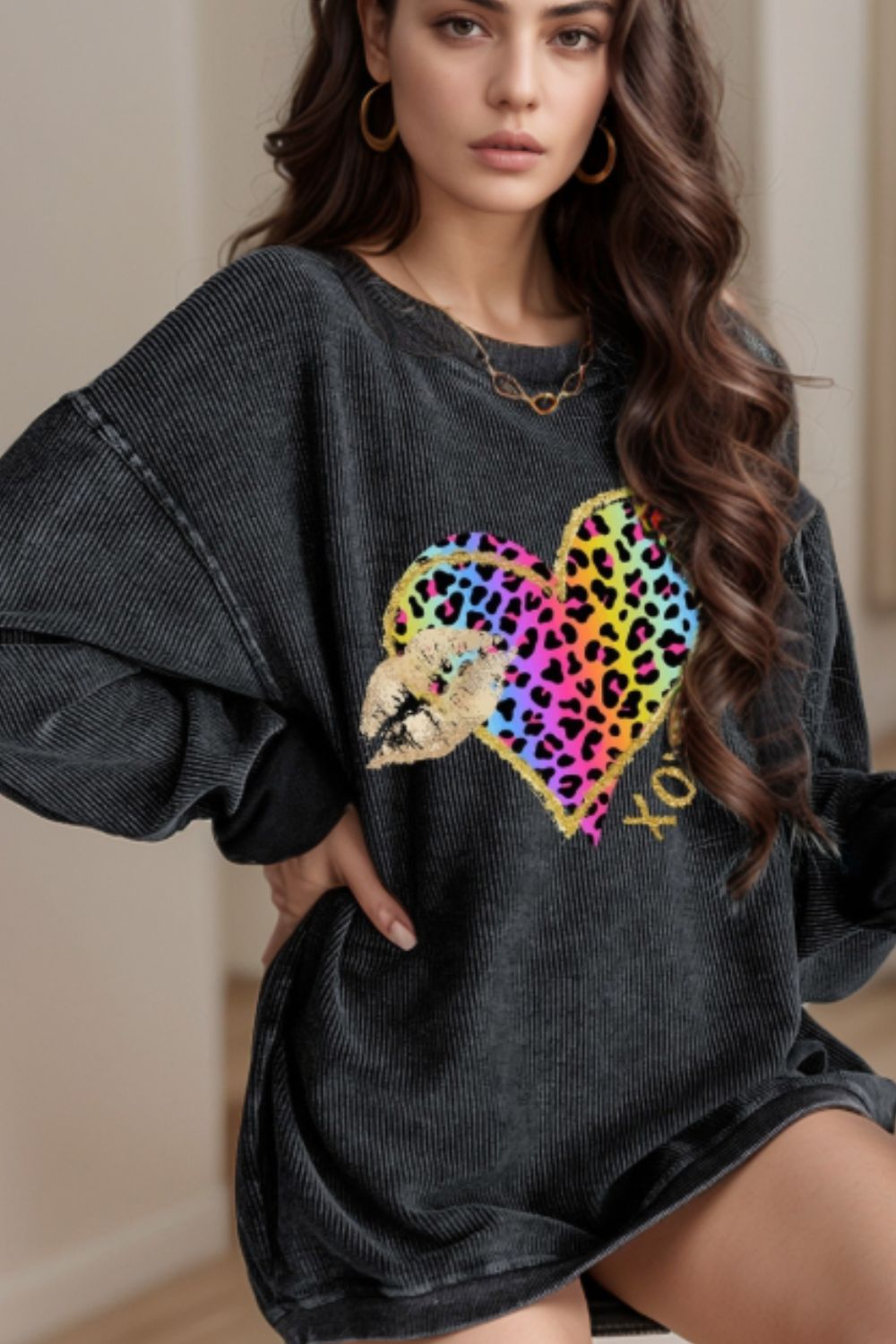 Dark Gray Leopard Heart Drop Shoulder Long Sleeve Sweatshirt