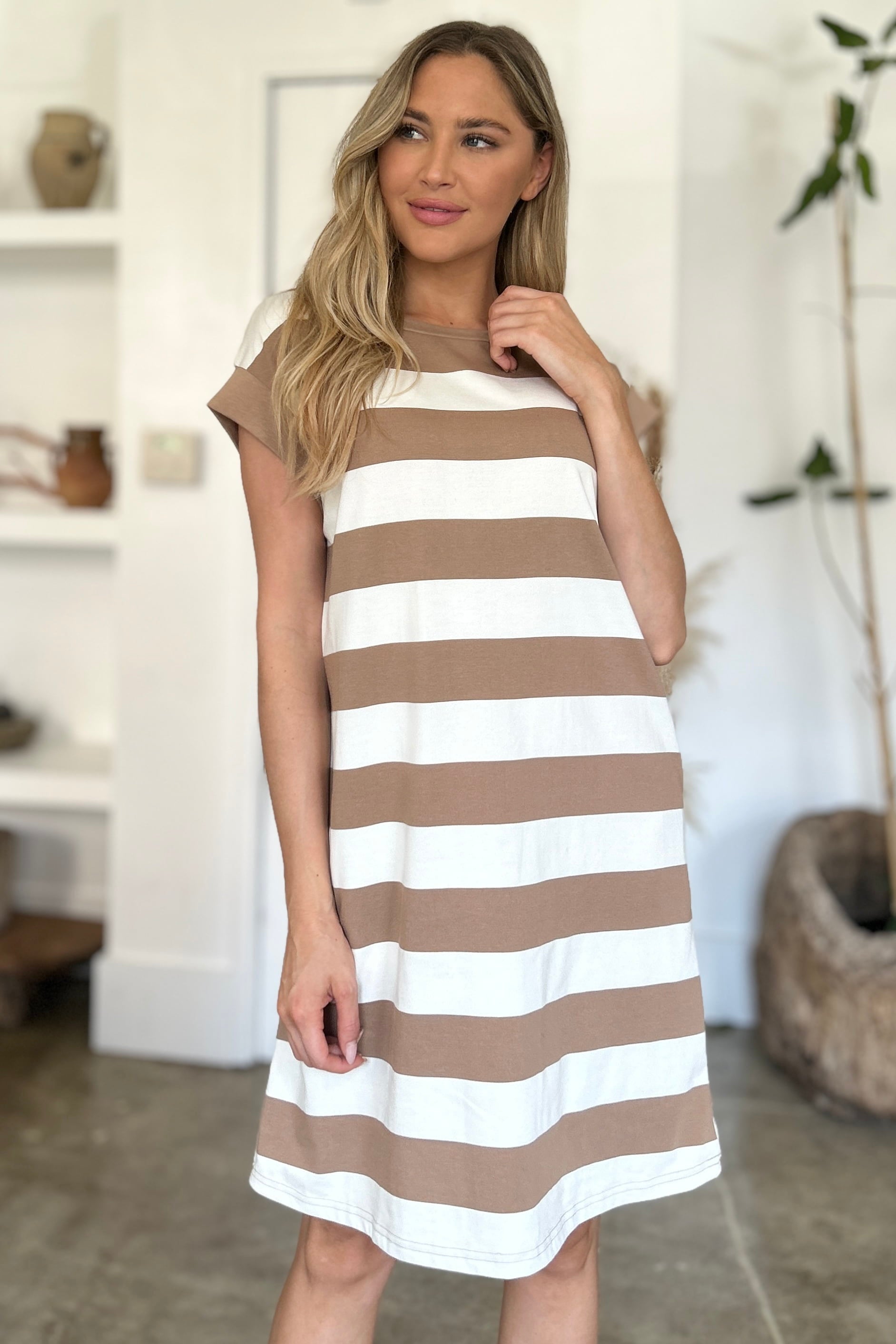 Basic Bae Full Size Striped Round Neck Cap Sleeve Mini Dress *