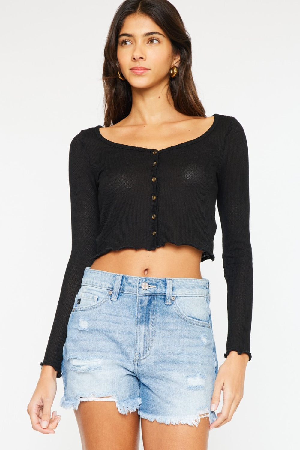 Kancan High Waist Frayed Denim Shorts *