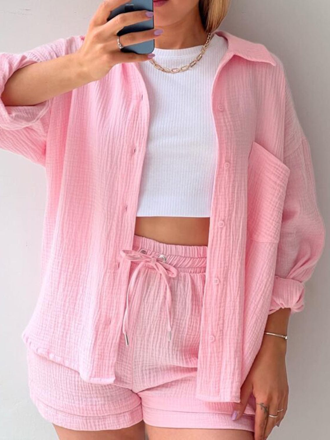 Full Size Texture Button Up Shirt and Drawstring Shorts Set