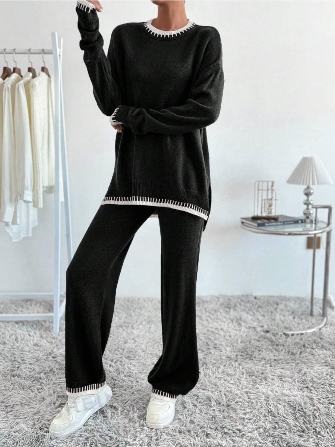 Side Slit Contrast Trim Round Neck Top and Pants Sweater Set