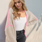 Double Take Contrast Open Front Dropped Shoulder Cardigan