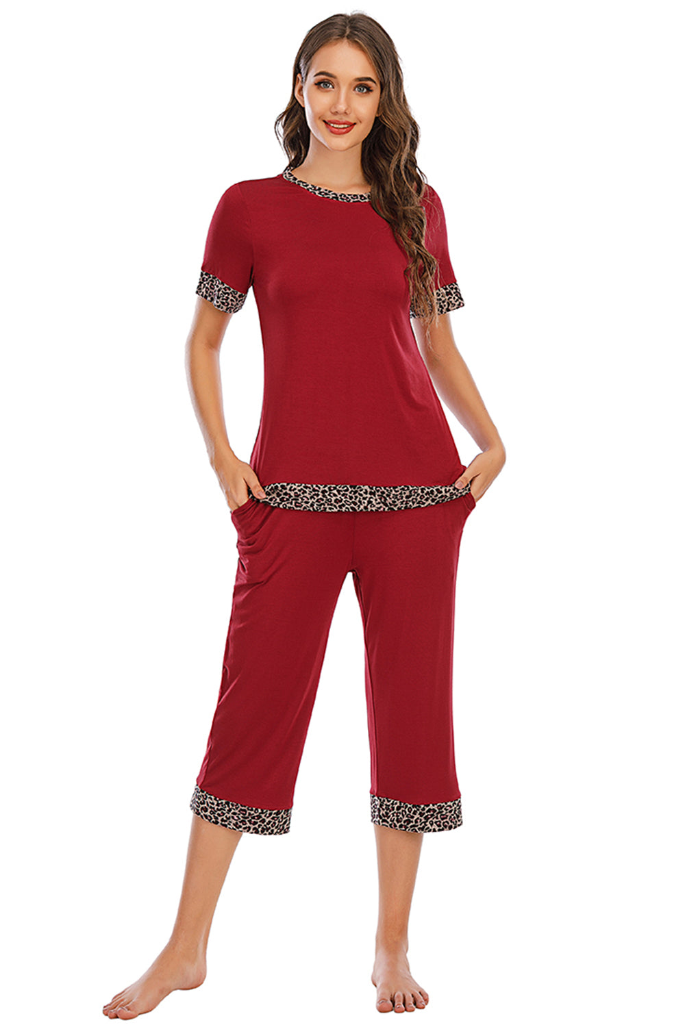 Round Neck Short Sleeve Top and Capris Pants Lounge Set