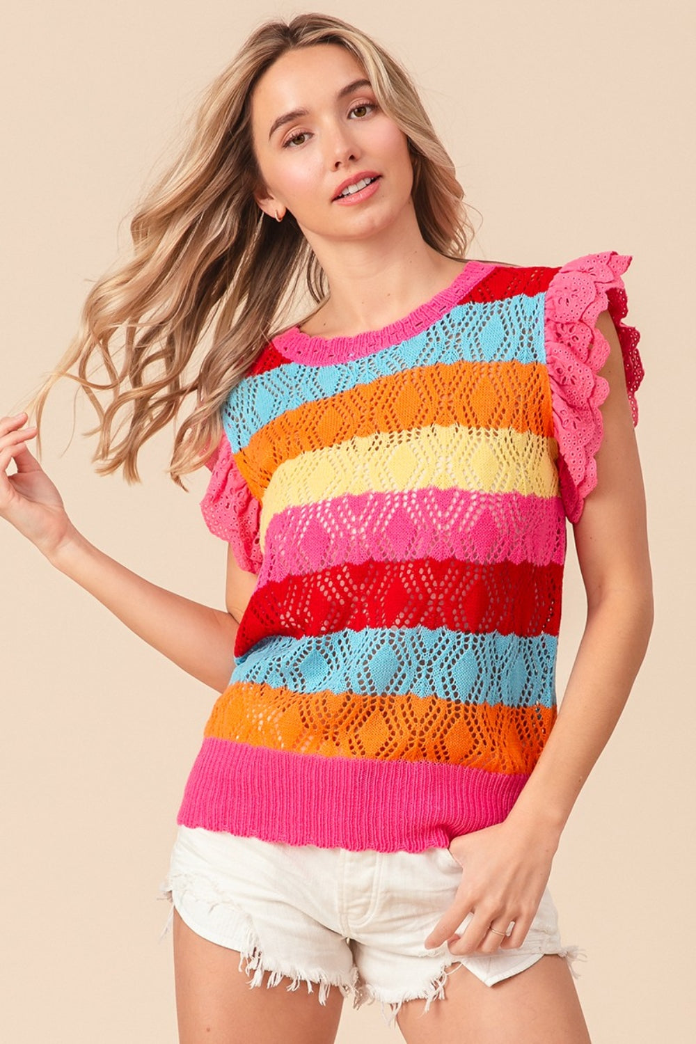 BiBi Pointelle Striped Ruffled Knit Top - Brand BiBi *