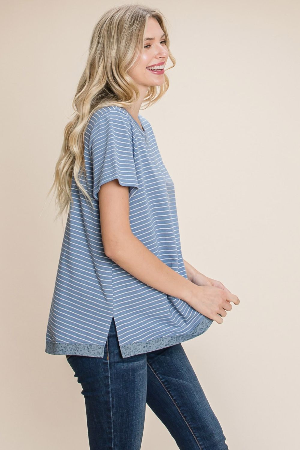 Cotton Bleu by Nu Lab Slit Striped Notched Short Sleeve T-Shirt *