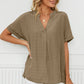 Full Size Side Slit Notched Neck Cuffed Short Sleeve Blouse